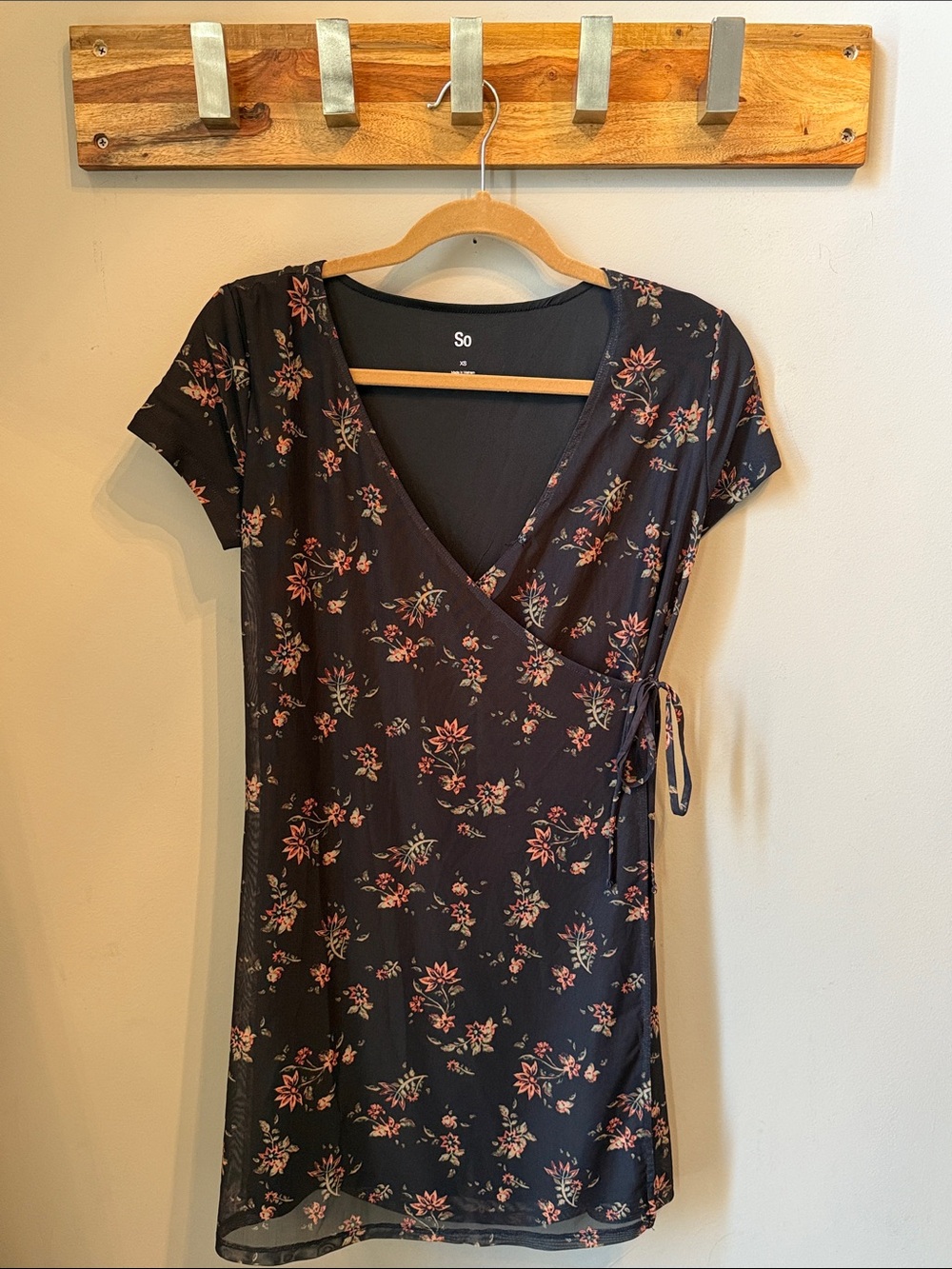 SO - Black Mini Wrap Dress with Pink Floral Print